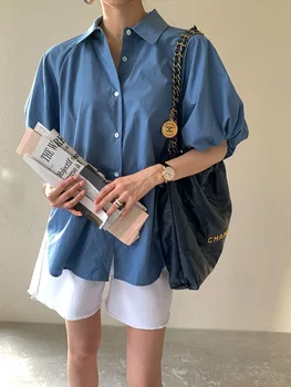 Femei Tricou De Vară Navetiști Tricou Cu Mânecă Scurtă Temperament Pieptul Singur Felinar Casual Cu Maneci Largi Top Culoare Solidă D4146  11